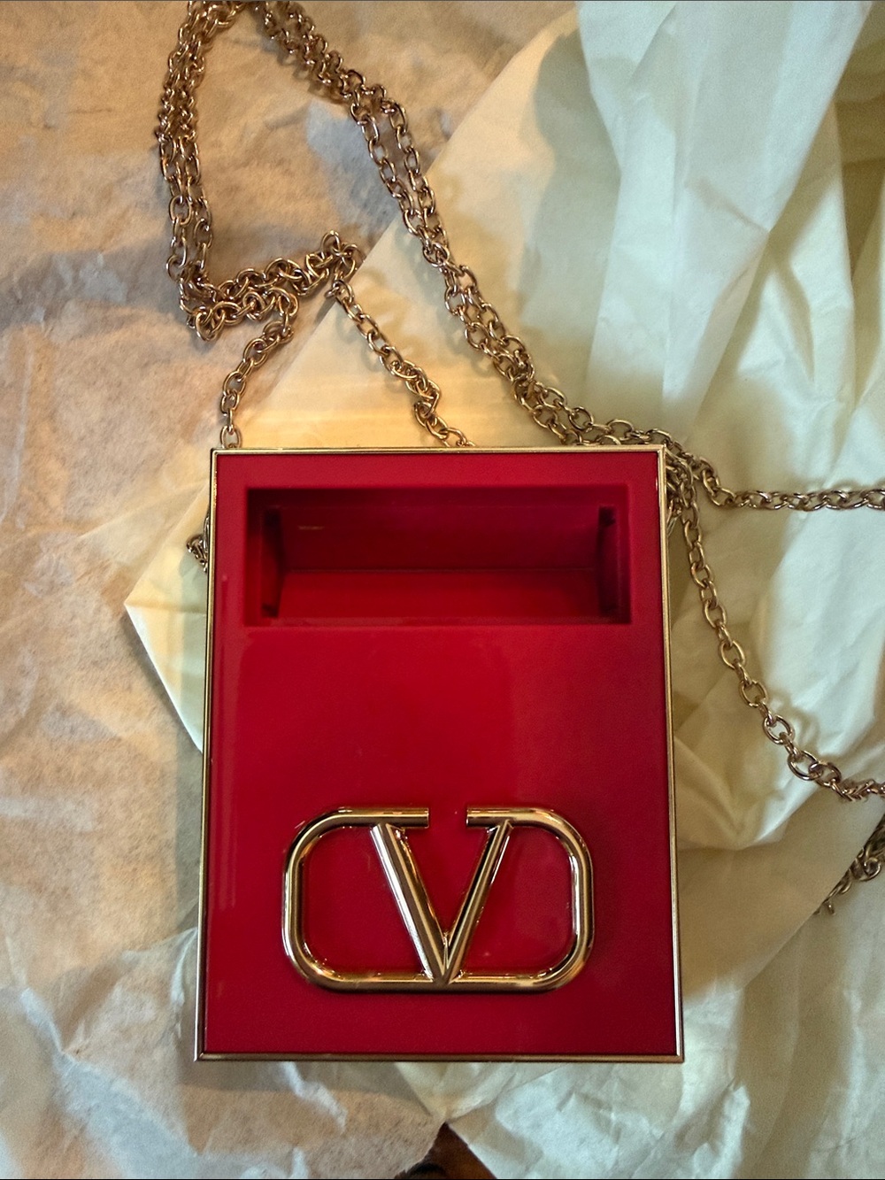 Valentino Red Box Bag with Gold V Logo and Chain